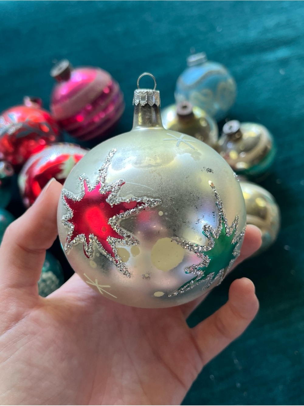 Vintage Jumbo Poland Glass Christmas Ornament Santa Starburst North Star Green